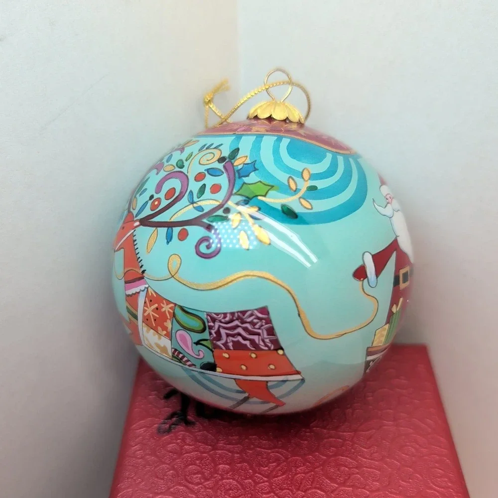 Pier 1 Li Bien 2011 Santa Sleigh Reindeer Hand Painted Glass Christmas Ornament